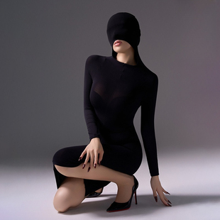 「惑」天鹅绒连体长裙丝袜五指袜带头套紧身连体丝袜性感全包臀裙