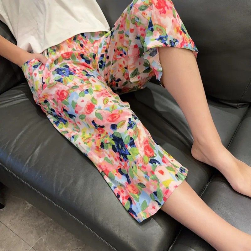 韩版女夏棉绸七分裤超薄人造棉宽松大码绵绸中裤居家可外穿休闲厂