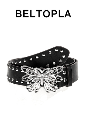 BELTOPLA原创设计感蝴蝶铆钉腰带女朋克y2k小众黑色皮带牛仔裤带