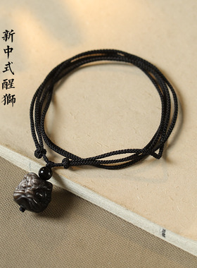 男女银曜石雕刻祥云醒狮项链绳