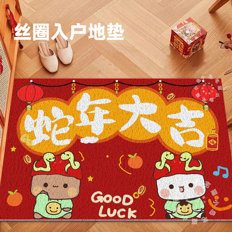一二布布新年入户门丝圈地垫创意蛇年喜庆进门口蹭土耐脏脚垫地毯