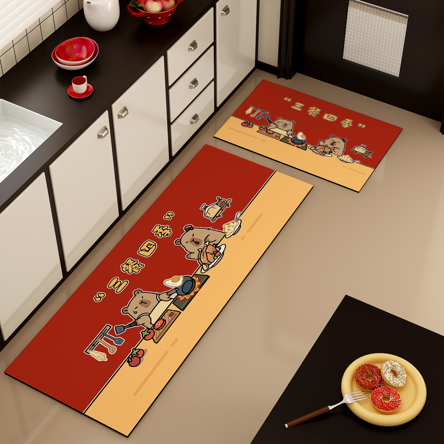 卡皮巴拉厨房专用硅藻泥地垫新年喜庆吸水速干长条防滑脚垫子耐脏,居家布艺,厨房地垫,淘宝优惠券,粉丝福利购,淘宝优惠卷