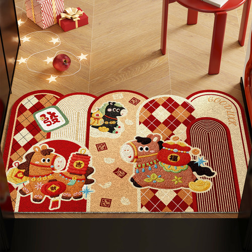 红色喜庆入户门专用丝圈地垫2026新年装饰马年地毯进门口脚垫门垫