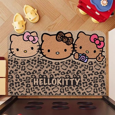 hellokitty豹纹棕色卡通可爱黑皮kt入户丝圈地垫入门耐脏除尘脚垫