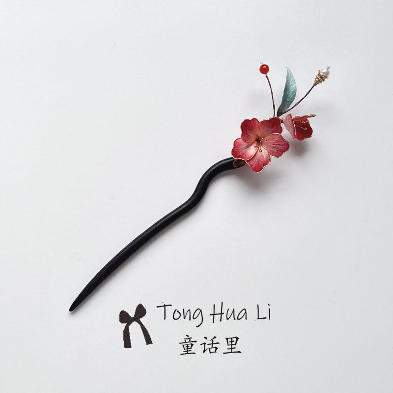 非遗纯手工蚕丝掐丝绒花檀木发簪发夹女士发夹国风新中式汉服配饰