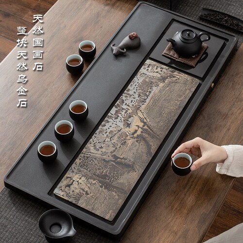 茶盘乌金石国画 画石整块天然原石高端轻奢茶海家用客厅办公茶具