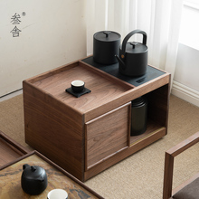 叁舍日式茶桌侧边柜黑胡桃实木小型矮茶水架移动推车带水壶烧水柜