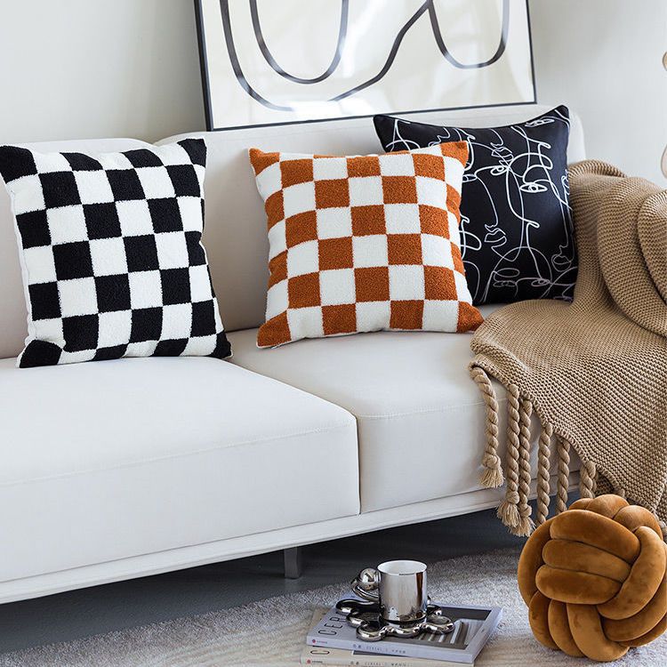 客厅靠枕黑白格子花朵床头腰靠