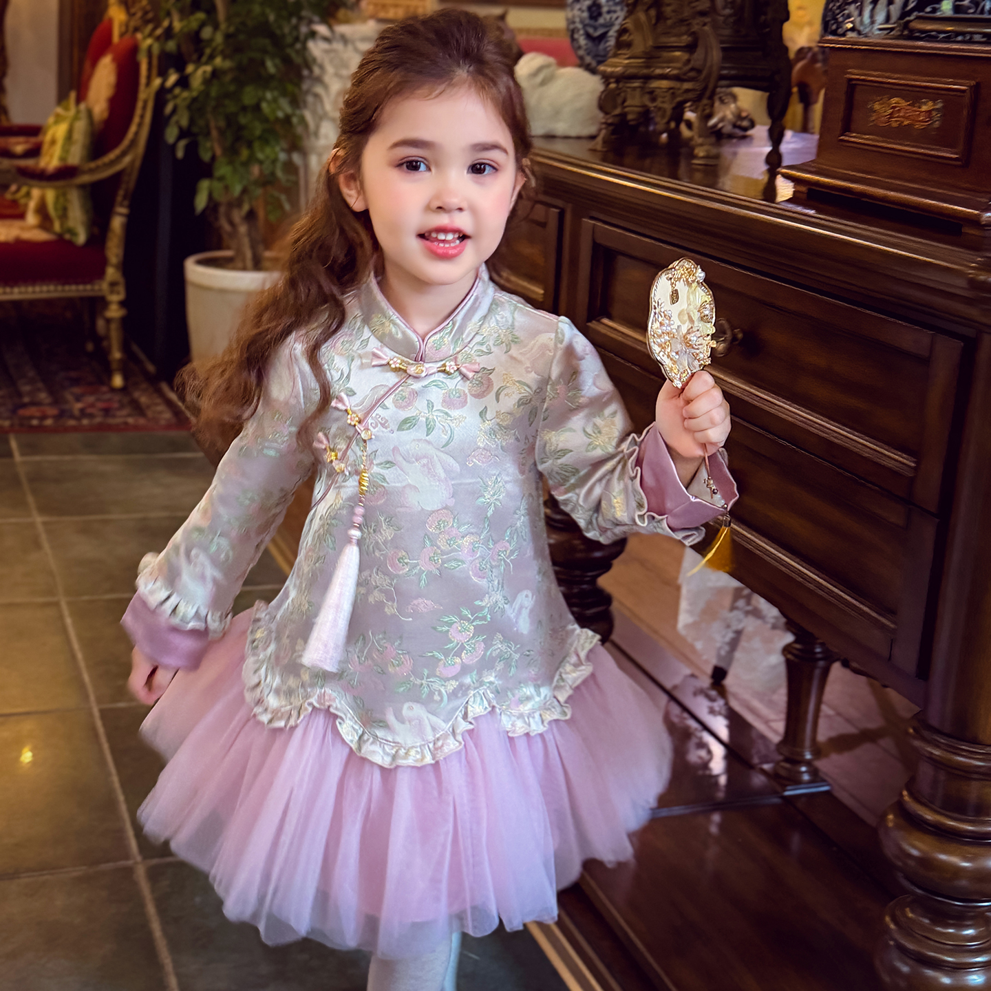 女童国风新中式织锦旗袍裙