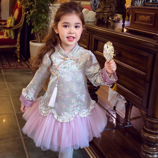 女童加绒旗袍裙冬装2025新款儿童国风新中式织锦提花公主连衣裙子