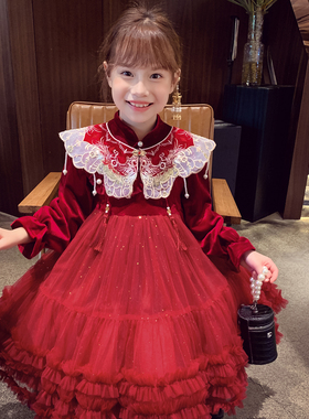 女童红色连衣裙秋冬2025新款洋气小女孩新年装儿童丝绒网纱公主裙