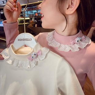 女童打底衫冬装2025新款儿童卡通半高领蕾丝内搭女孩百搭长袖上衣