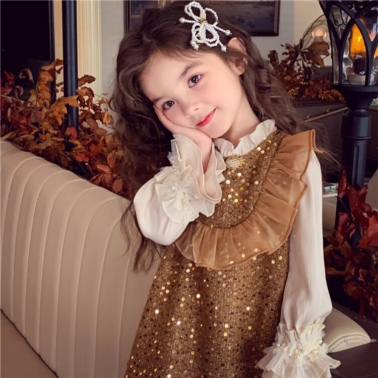 法式小香风长袖衬衫小女孩两件套