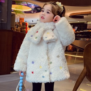 女童中长款毛毛大衣冬装2025新款小女孩韩版彩色纽扣围脖夹棉外套