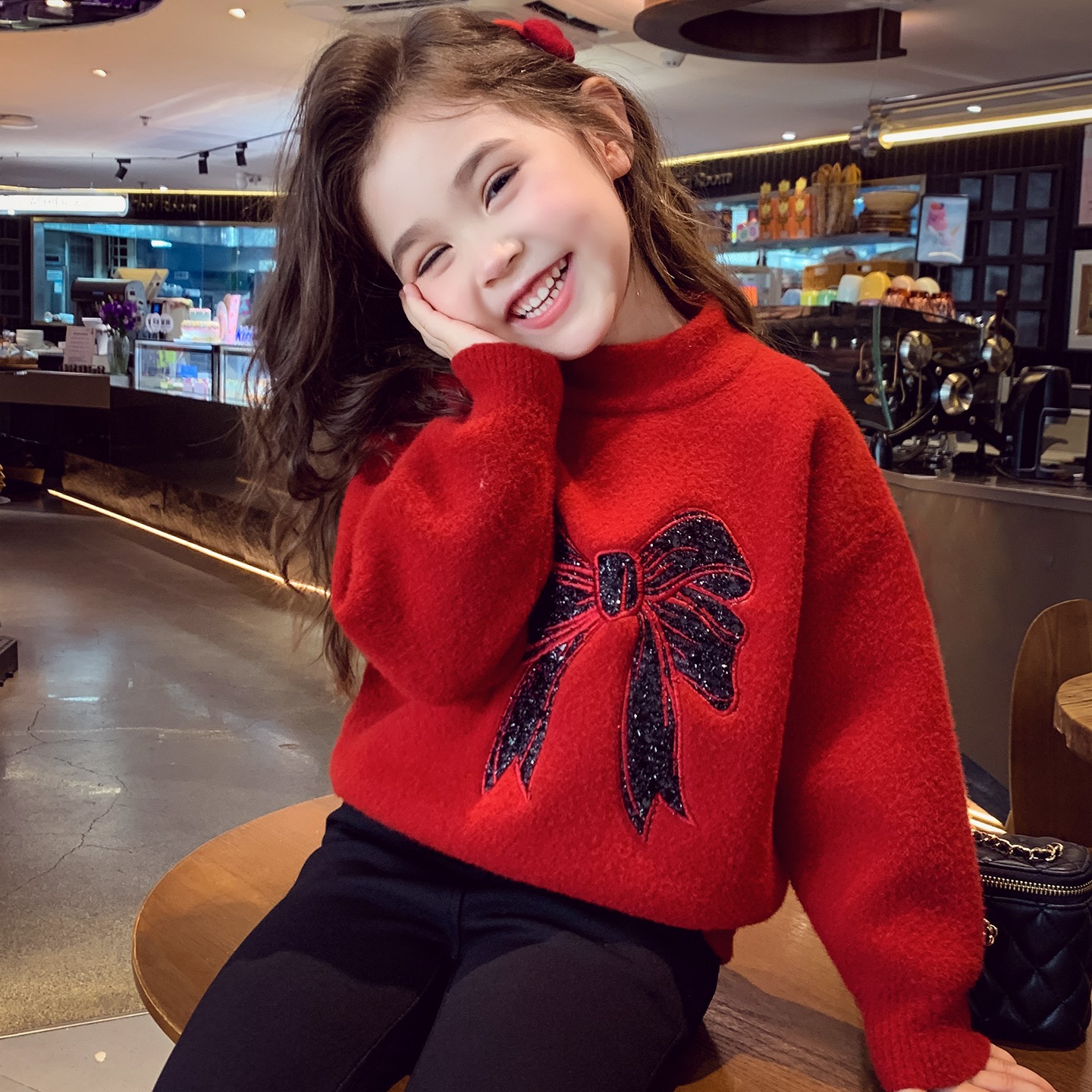 女童亮片蝴蝶结红色毛衣