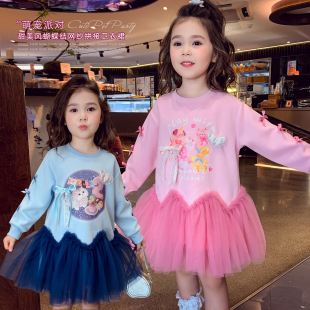 蝴蝶结卡通网纱连衣裙小女孩裙子 儿童韩版 女童卫衣裙秋装 2025新款