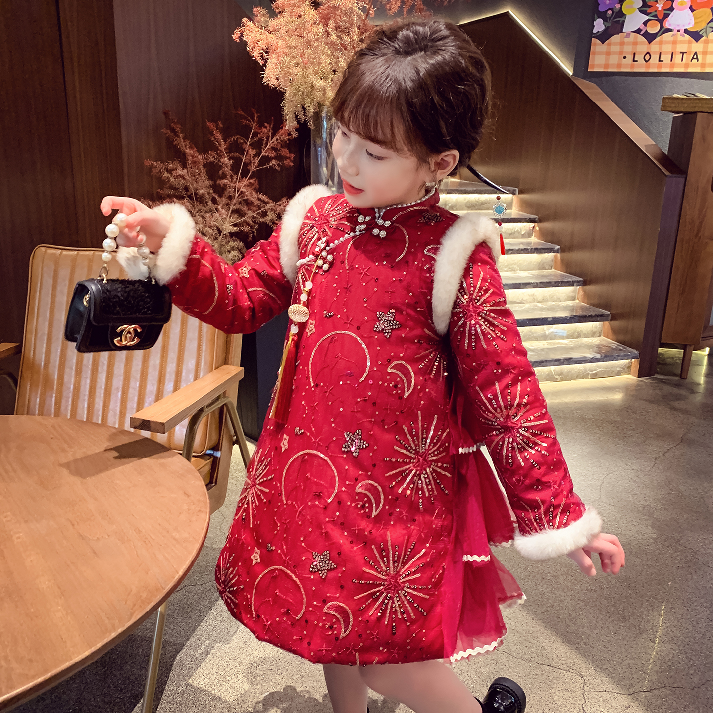 女童红色连衣裙国风旗袍新款