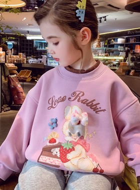女童加绒卫衣冬装2025新款儿童卡通印花假两件套头上衣小女孩长袖