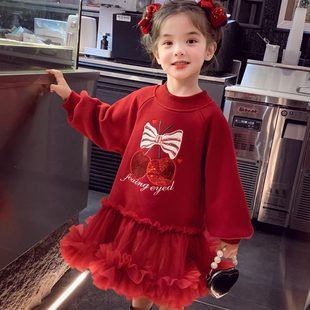 女童新年红色连衣裙冬装2025新款小女孩网纱加绒长袖卫衣蓬蓬裙子
