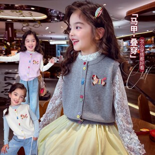 女童春装马甲外套2026新款儿童韩版卡通小马外穿针织背心女孩上衣