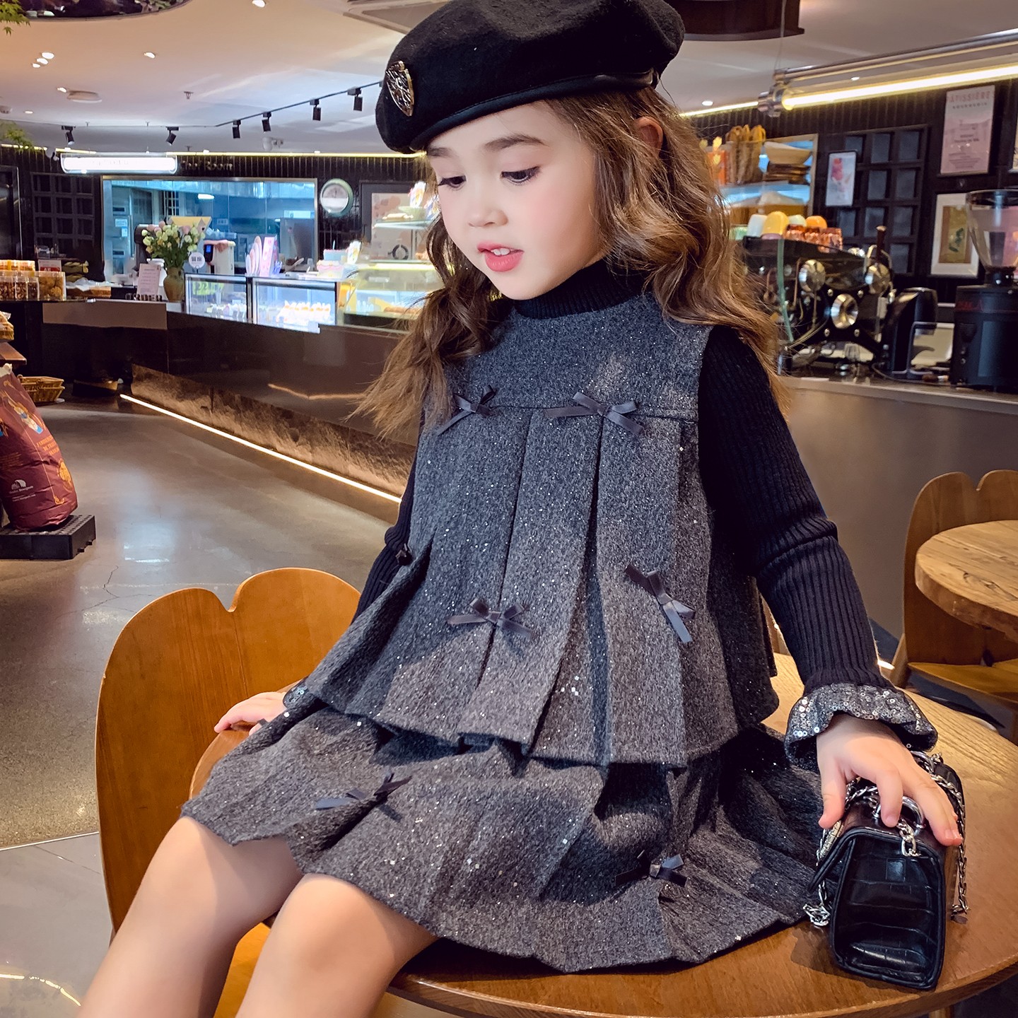 女童呢子套装冬装2025新款儿童韩版千金风百褶短裙两件套裙小女孩