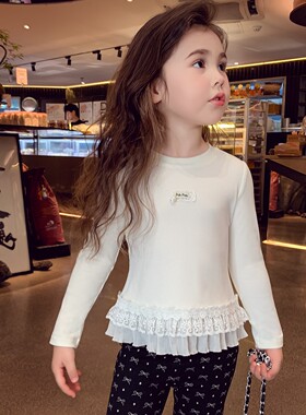 女童白色T恤洋气小女孩春装新款荷叶边拼接女宝宝长袖打底衫春秋