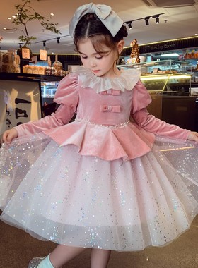 女童丝绒裙秋冬2025新款儿童法式千金风礼服蓬蓬公主裙女孩连衣裙