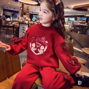 女童加绒卫衣套装冬2025新款儿童亮片蝴蝶结红色卫衣休闲裤两件套
