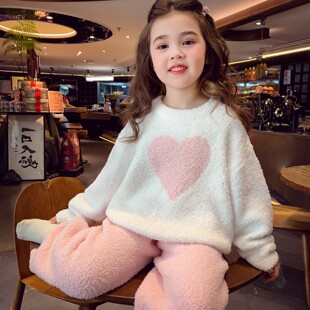 女童半边绒家居服套装冬2025新款儿童韩版加厚保暖睡衣睡裤两件套
