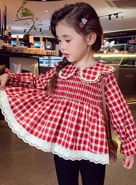 女童格纹衬衣春装新款韩版儿童花边领红色格子衬衫春秋女孩娃娃衫
