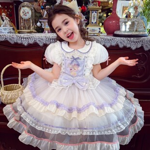 女童夏装洛丽塔2026新款儿童泡泡袖蛋糕公主裙女孩短袖网纱连衣裙