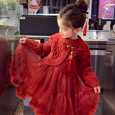 女孩加绒长袖裙针织开衫毛衣外套