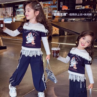 女童春装套装2026新款儿童韩版假两件印花上衣蕾丝工装裤子两件套