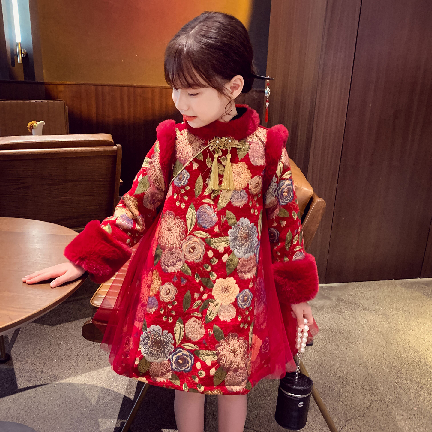 女童中国风旗袍连衣裙秋冬季洋气