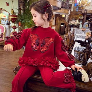 女童加绒新年套装冬2025新款儿童亮片蝴蝶红色卫衣喇叭裤两件套装