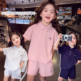 寬松韓版 學(xué)院風(fēng)短袖 夏季 t恤短褲 兩件套 2025新款 女童運(yùn)動(dòng)休閑套裝