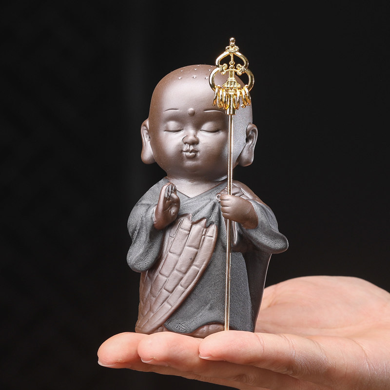 陶瓷黑金砂小和尚摆件 禅意 小沙弥可爱陶瓷佛像茶宠摆件精品可养