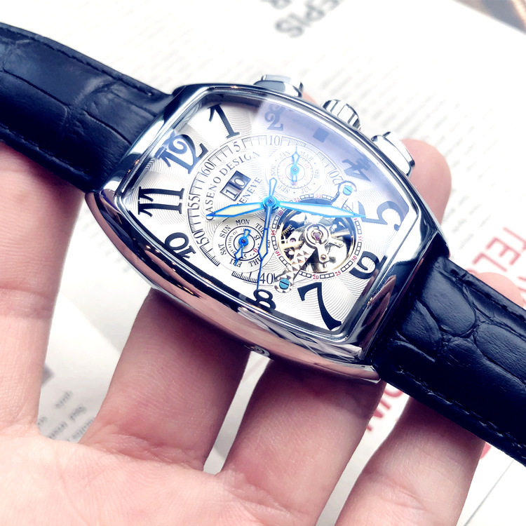 2023新品潮流手表男士大气真皮带多功能防水全自动机械表镂空夜光