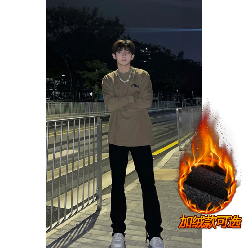 美式直筒微喇牛仔裤男款加绒秋冬天修身百搭高街黑色休闲长裤子男