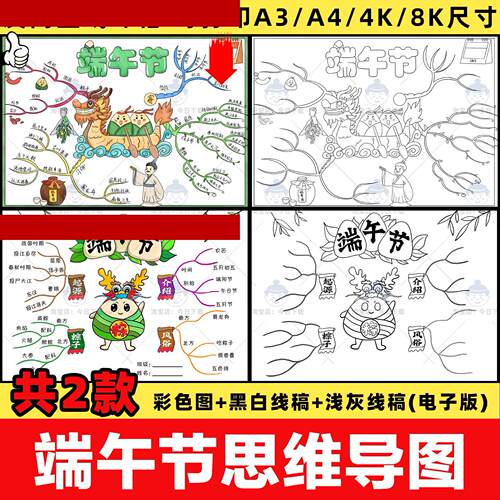 小学生端午节思维导图手抄报模板电子版中国传统节日习俗小报线稿