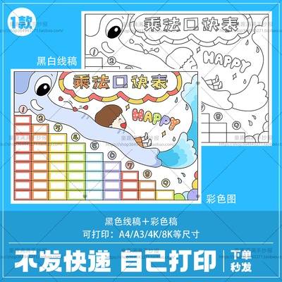 小学生二年级数学九九乘法口诀表手抄报模板电子版黑白线 线稿8KA