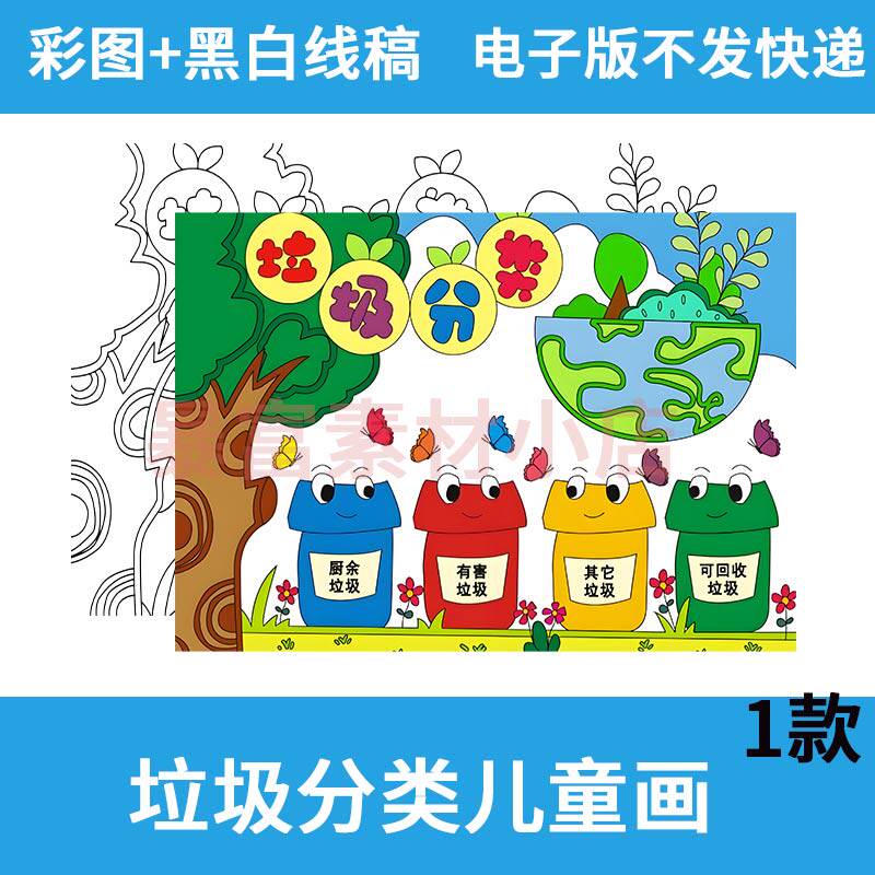 垃圾分类儿童画 画电子版模板保护生态环境绿色环保主题绘画 画手
