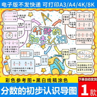 小学生分数的初步认识思维导图手抄报模板分数计算电子版线 线稿