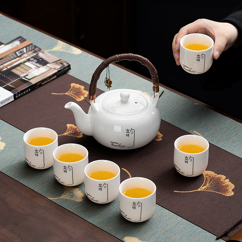 汉白玉茶韵提梁壶功夫茶具套装陶瓷现代中式家用客厅大号茶壶茶杯