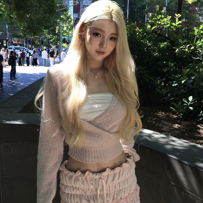 ins博主推荐threetimes纯欲少女风交叉V领短款针织衫女收腰毛衣