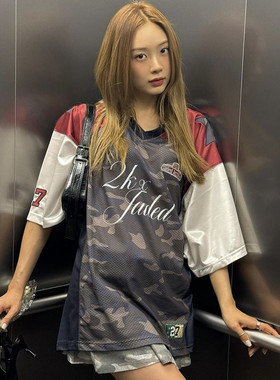 2000archives美式复古迷彩football球衣短袖T恤女夏宽松落肩上衣