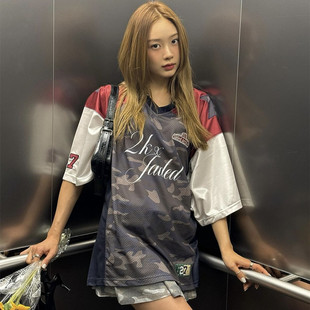 2000archives美式复古迷彩football球衣短袖T恤女夏宽松落肩上衣