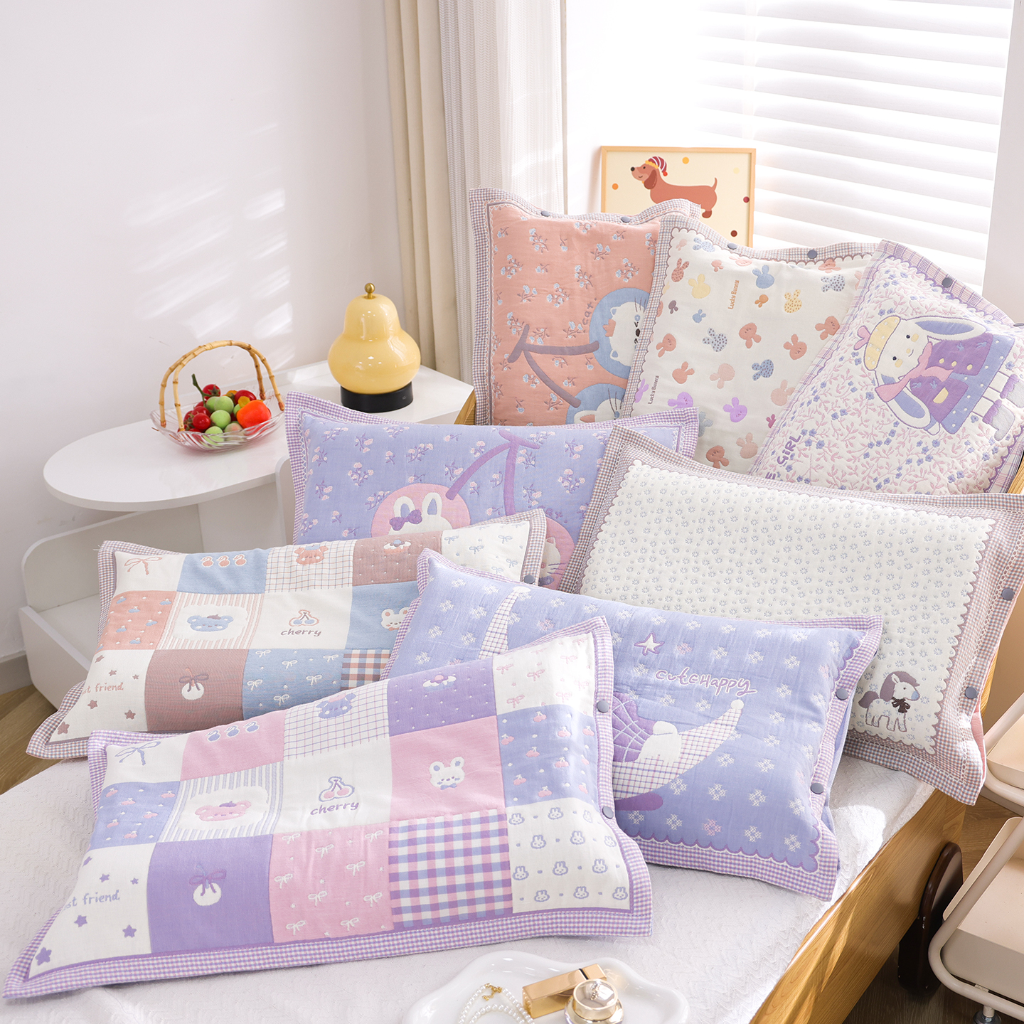 高密按扣式纯棉纱布卡通儿童枕套