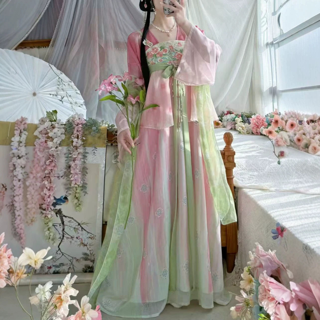 【春江暖水】唐制汉元素吊带裙日常汉服套装齐胸绣花春显瘦遮肉