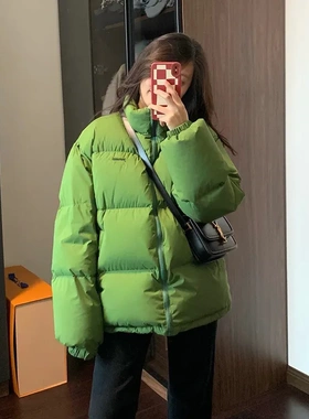 2025新款冬季绿色面包棉服女短款韩版宽松棉袄加厚连帽棉衣潮ins